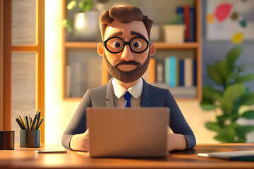 A 3D animated character in a suit sitting at a desk with a laptop, looking focused.