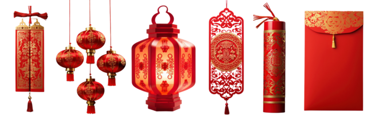 PNG Traditional Chinese festive decorations, element set on transparent background