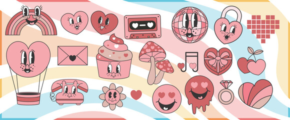 Groovy valentines, love heart, retro vector set