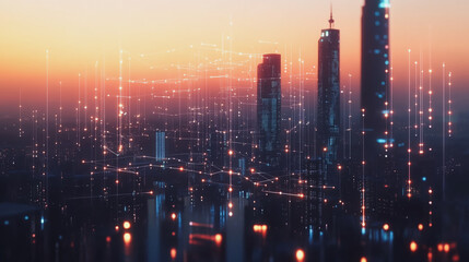 Fototapeta premium Smart Innovation city with connection cyber security network reciprocity over the sunset cityscape future wireless digital city and social media networking systems that connects people in the city