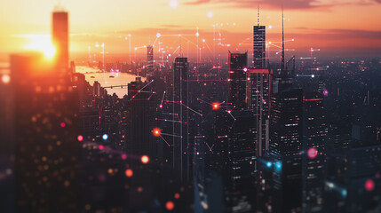 Smart Innovation city with connection cyber security network reciprocity over the sunset cityscape future wireless digital city and social media networking systems that connects people  in the city