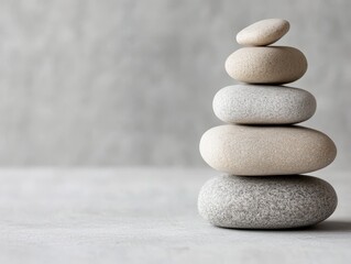 A balanced stack of smooth stones on a neutral background, symbolizing harmony and tranquility.