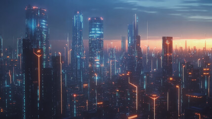 Fototapeta premium Smart Innovation city with connection cyber security network reciprocity over the sunset cityscape future wireless digital city and social media networking systems that connects people in the city