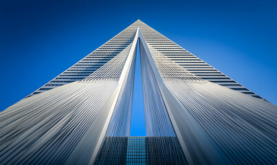 Majestic skyscraper, architectural marvel, modern building design, striking lines, blue sky background, urban landscape, contemporary architecture, impressive structure.