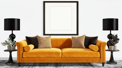 Modern living room featuring a mustard velvet sofa with framed artwork and black lamps.