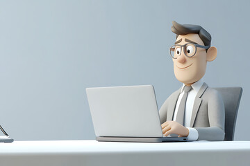 A cartoonish man working on a laptop at a desk, exuding a professional vibe.