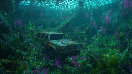 Futuristic Dystopian Surrealism: Bioluminescent Overgrown Urban Area with Rusted Vehicles Submerged in Glowing Flora