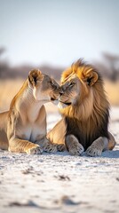 A lion and lioness share an affectionate moment in a serene, snowy landscape.