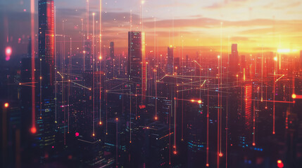 Fototapeta premium Smart Innovation city with connection cyber security network reciprocity over the sunset cityscape future wireless digital city and social media networking systems that connects people in the city