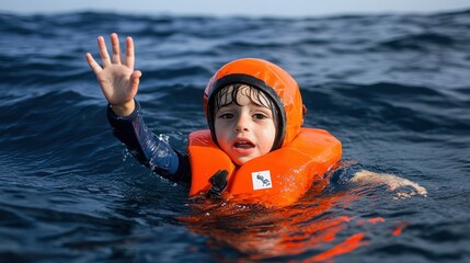 Child in the ocean wearing an orange life jacket and helmet, raising hand for help.
