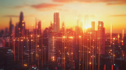 Fototapeta premium Smart Innovation city with connection cyber security network reciprocity over the sunset cityscape future wireless digital city and social media networking systems that connects people in the city