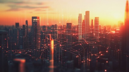 Fototapeta premium Smart Innovation city with connection cyber security network reciprocity over the sunset cityscape future wireless digital city and social media networking systems that connects people in the city