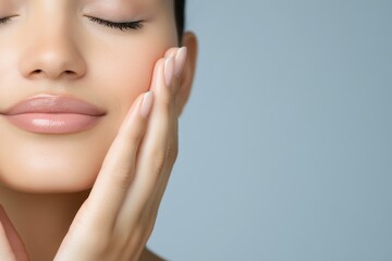 Obraz premium Close-up of a woman with flawless skin, touching her face gently with her hand, eyes closed in relaxation.