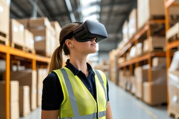 Female warehouse worker wearing VR headset and safety vest, exploring augmented reality technology in logistics.