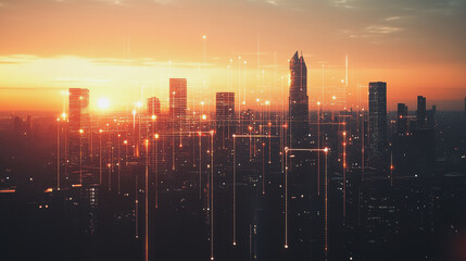 Fototapeta premium Smart Innovation city with connection cyber security network reciprocity over the sunset cityscape future wireless digital city and social media networking systems that connects people in the city