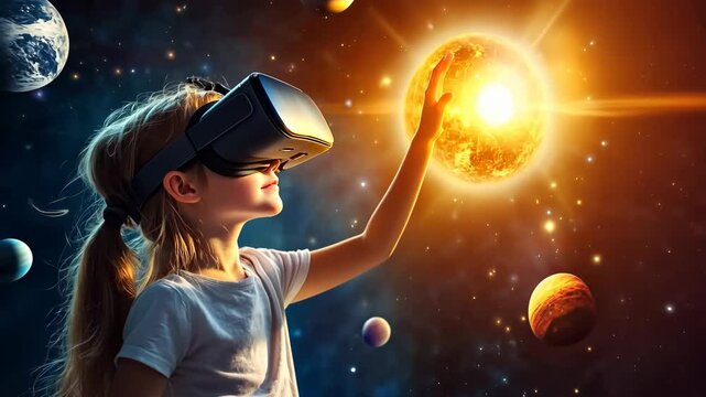 Child girl wearing virtual reality headset and looking solar system with sun and planets. Technology concept.