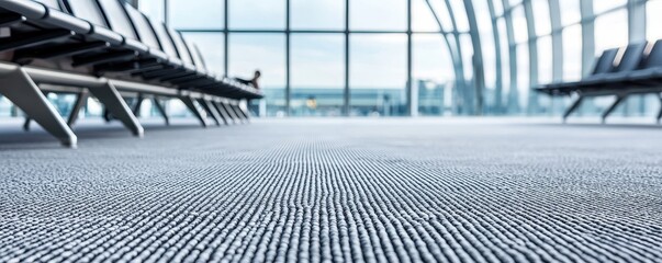 Flooring carpet maintenance concept. Modern airport interior featuring a textured carpet, with empty seating and large windows allowing natural light.