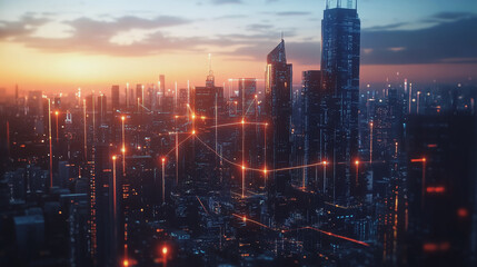 Fototapeta premium Smart Innovation city with connection cyber security network reciprocity over the sunset cityscape future wireless digital city and social media networking systems that connects people in the city