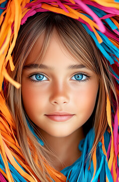 A young girl with blue eyes is wearing a colorful scarf