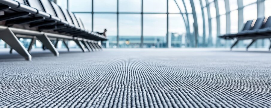 Flooring carpet maintenance concept. Modern airport interior featuring a textured carpet, with empty seating and large windows allowing natural light. - Powered by Adobe