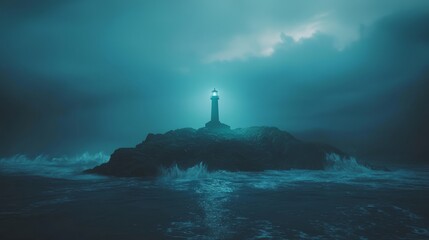 Fototapeta premium Luminescent Solitude: Dystopian-Futuristic Surrealism 3D Rendering of Isolated Lighthouse in Stormy Seas