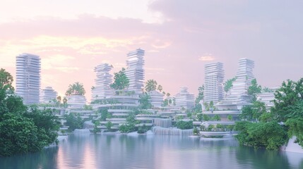 Fototapeta premium Futuristic Harmony: Dystopian-Futuristic Style Surrealism 3D Rendering of Nature-Infused Skyscape at Sunrise