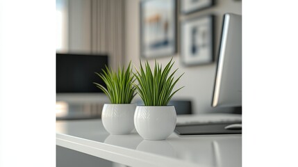 Fototapeta premium Two small potted plants on a modern desk, enhancing the workspace's aesthetic.