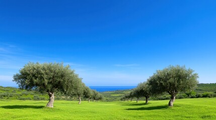 Obraz premium Scenic view of olive trees with a blue sky and ocean backdrop.