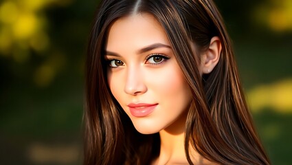 Naklejka premium Close-up portrait of a young woman with dark hair, illuminated by sunlight.