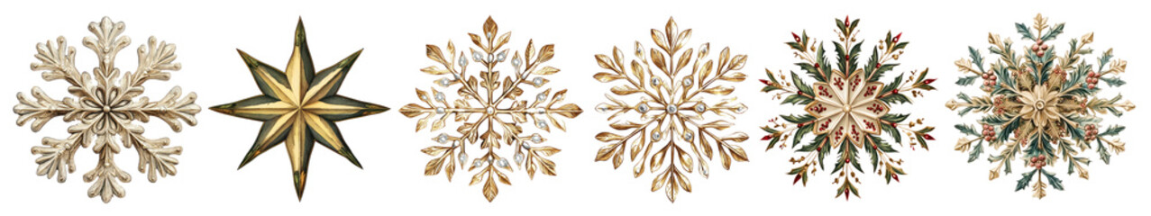 Obraz premium PNG Intricate vintage snowflake designs, element set on transparent background
