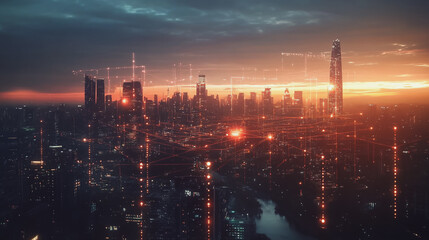 Fototapeta premium Smart Innovation city with connection cyber security network reciprocity over the sunset cityscape future wireless digital city and social media networking systems that connects people in the city