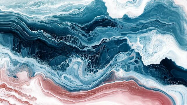 Colorful abstract art showcasing swirling blue, white, and pink patterns resembling ocean waves and flowing water