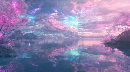 Fototapeta premium Surreal Serenity: Dystopian-Futuristic 3D Rendering of Bioluminescent Flora by Reflective Lake in Vibrant Sky