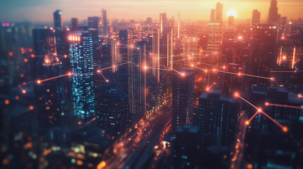 Obraz premium Smart Innovation city with connection cyber security network reciprocity over the sunset cityscape future wireless digital city and social media networking systems that connects people in the city