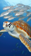 Fototapeta premium A vibrant underwater scene featuring a sea turtle swimming among a school of fish.