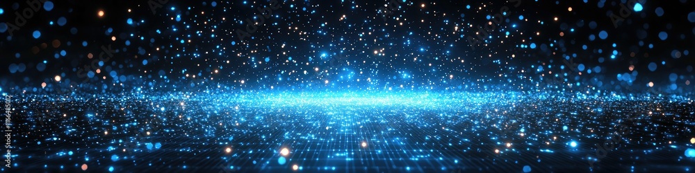 Poster a digital abstract scene of shimmering blue lights and particles creating a cosmic atmosphere.