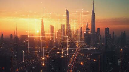 Fototapeta premium Smart Innovation city with connection cyber security network reciprocity over the sunset cityscape future wireless digital city and social media networking systems that connects people in the city