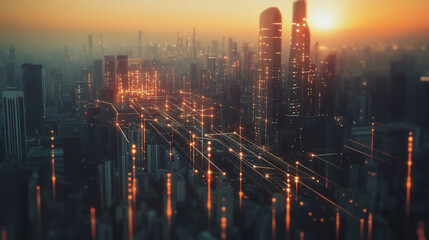 Fototapeta premium Smart Innovation city with connection cyber security network reciprocity over the sunset cityscape future wireless digital city and social media networking systems that connects people in the city