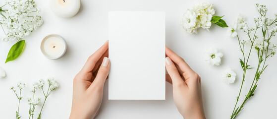 Obraz premium blank white menu mockup held between hands, surrounded by flowers and candles, creates serene atmosphere