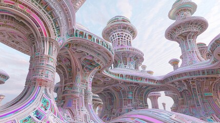 Futuristic Urban Mirage: Surreal 3D Rendering of Vibrant Tower Labyrinth