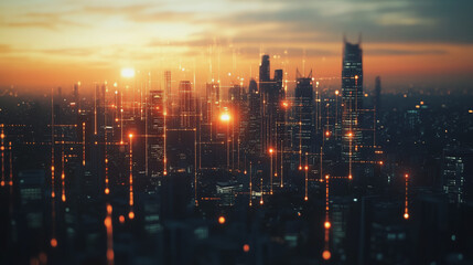 Fototapeta premium Smart Innovation city with connection cyber security network reciprocity over the sunset cityscape future wireless digital city and social media networking systems that connects people in the city