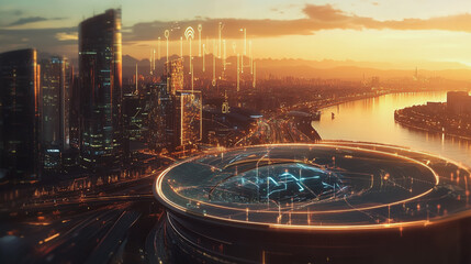 Smart Innovation city with connection cyber security network reciprocity over the sunset cityscape future wireless digital city and social media networking systems that connects people  in the city
