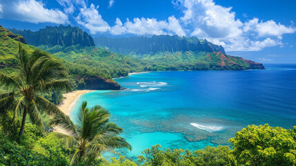 Fototapeta premium stunning aerial view of isolated ke'e beach with turquoise ocean and lush na pali coastline revealing tropical paradise on kauai island in hawaii