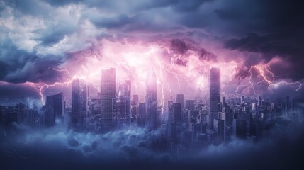 Stormy Dystopia: Surrealistic 3D Rendering of a Futuristic Skyline in Chaos