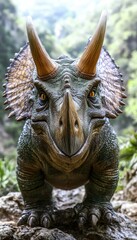 A realistic depiction of a Triceratops in a lush, prehistoric environment.
