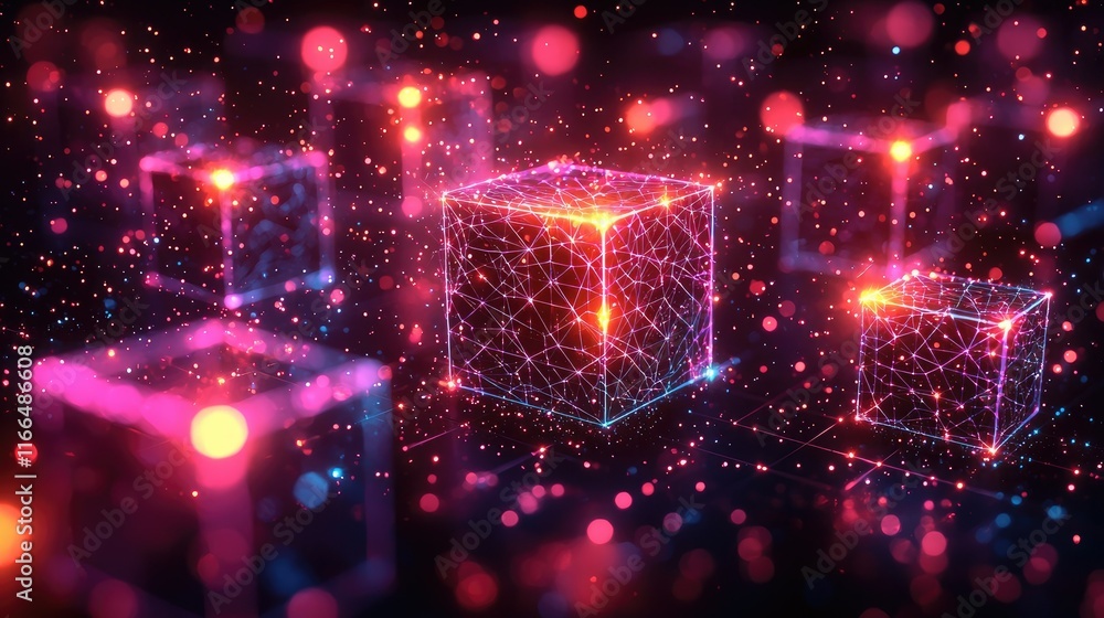 Aufkleber a digital representation of glowing cubes connected by networks in a cosmic setting.