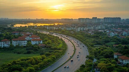 Fototapeta premium Sunset over suburban highway with city skyline view