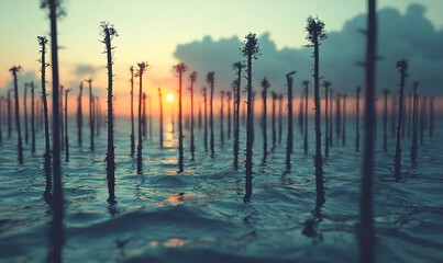 Sunset over swamp; dark, slender trees in still water;  environmental backdrop
