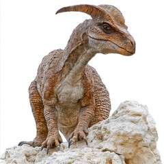 Fototapeta premium A detailed depiction of a dinosaur-like creature perched on a rocky surface.