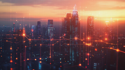Obraz premium Smart Innovation city with connection cyber security network reciprocity over the sunset cityscape future wireless digital city and social media networking systems that connects people in the city